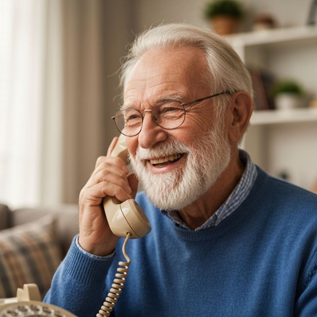 Happy elderly person talking on phone